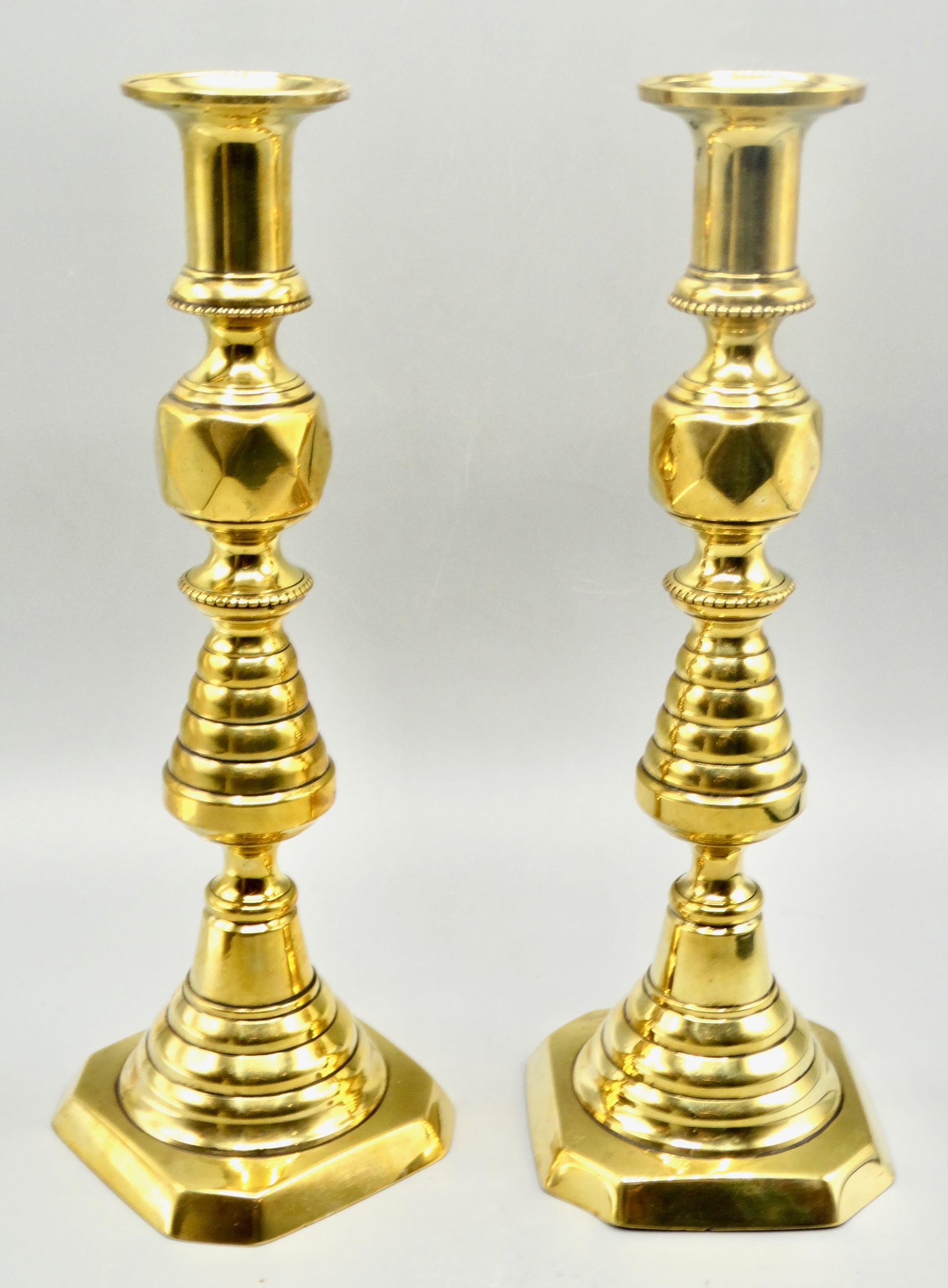 Antique English Brass Push-Up Beehive Candlesticks, a Pair - 3