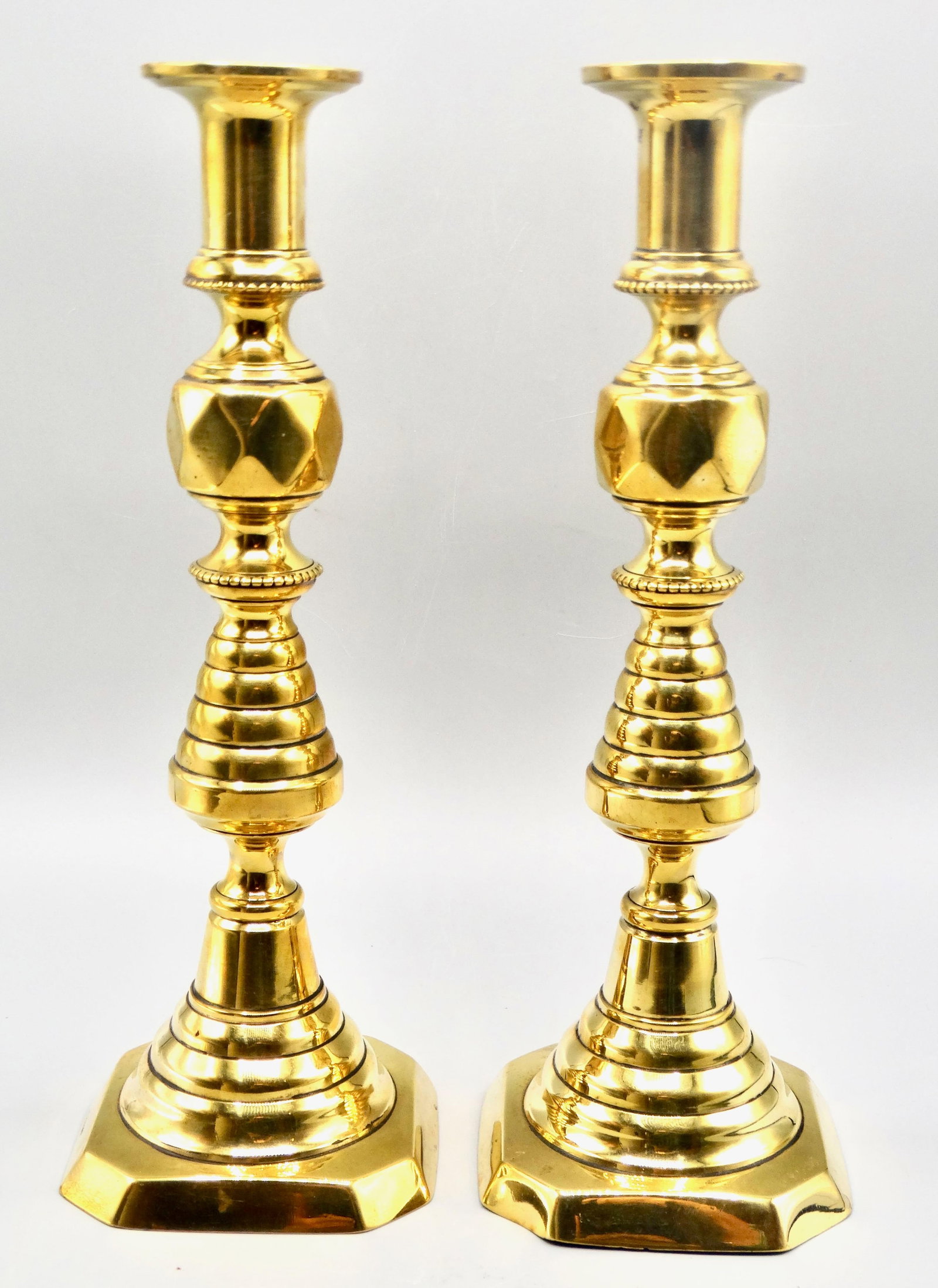 Antique English Brass Push-Up Beehive Candlesticks, a Pair - 6