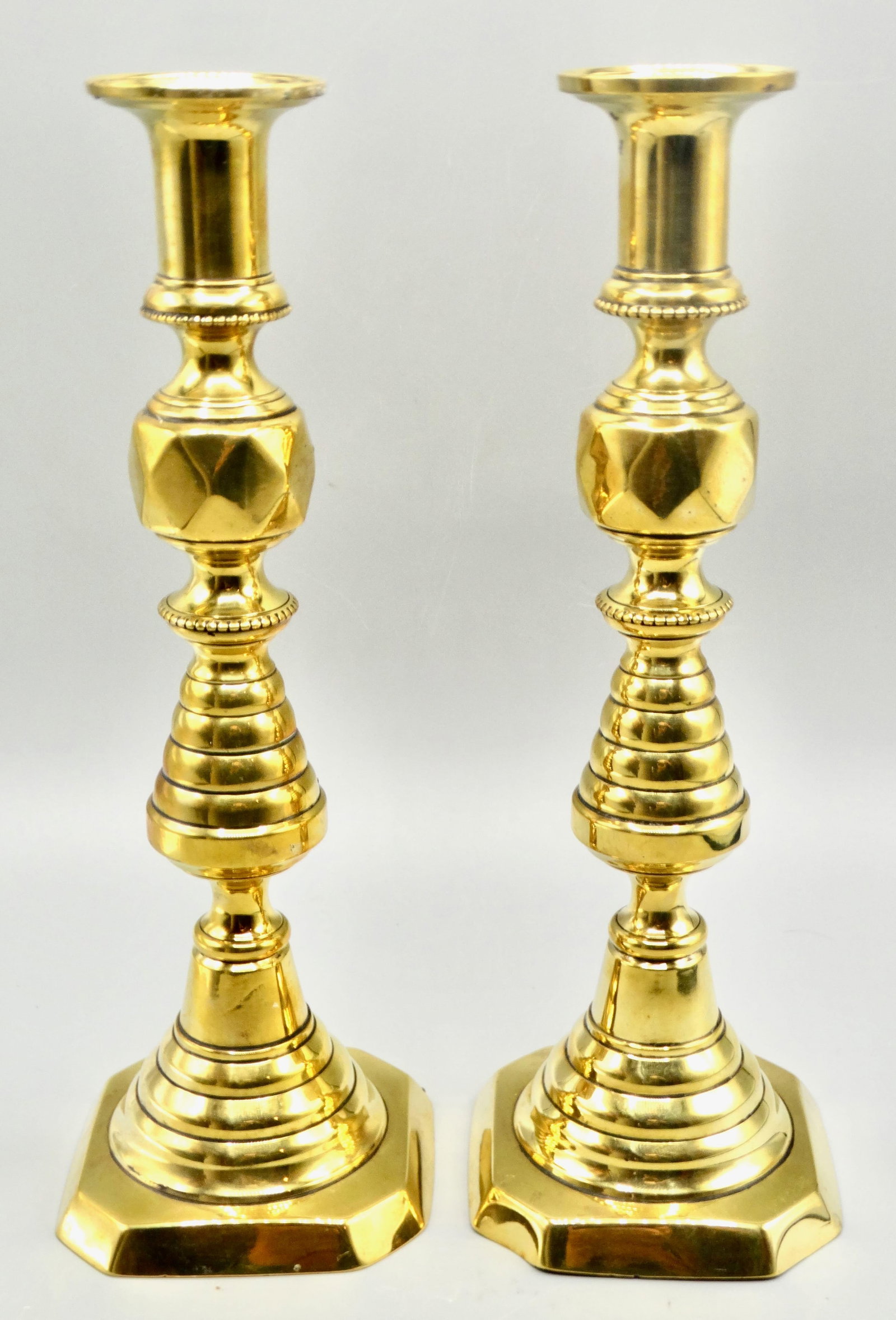 Antique English Brass Push-Up Beehive Candlesticks, a Pair - 7