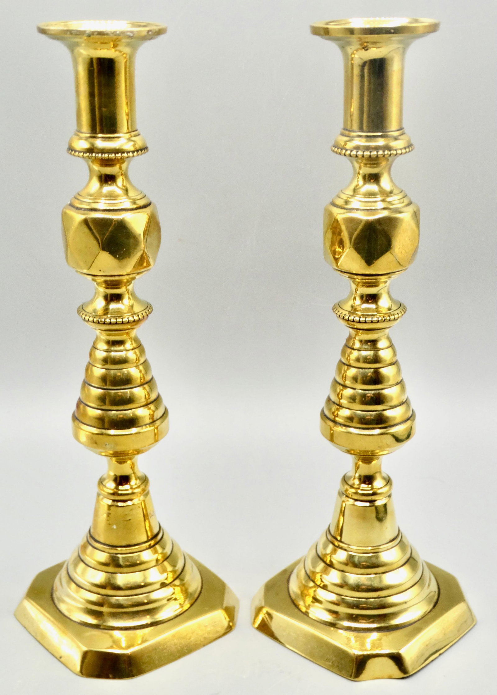 Antique English Brass Push-Up Beehive Candlesticks, a Pair - 8