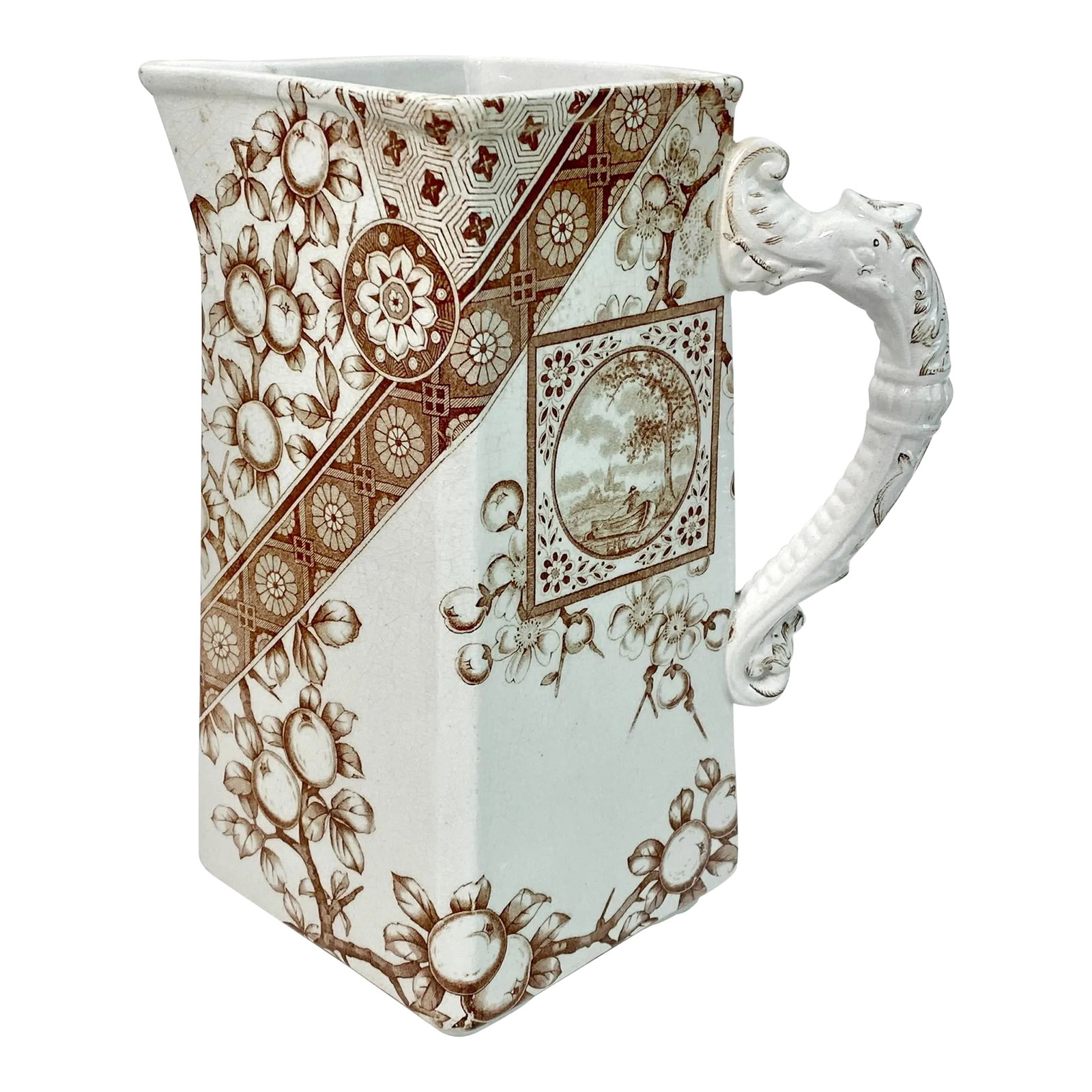 Ridgways Devonshire Transferware Pitcher C. 1880-1885: Beautiful English Ridgways Devonshire brown transferware pitcher with the backstop dating it to 1880-1885. This unusually shaped piece is decorated in the Aesthetic Movement style, influenced by
