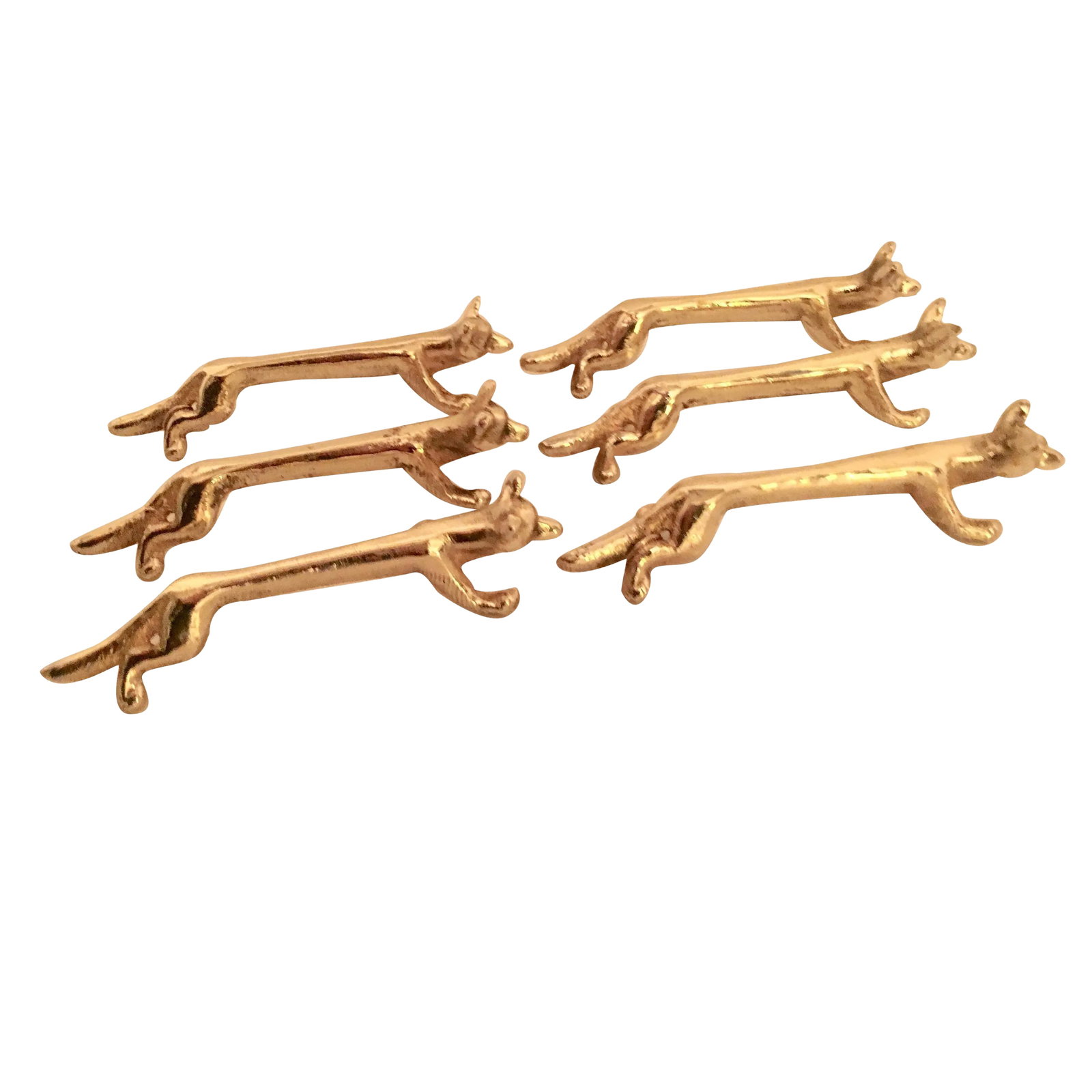 Set of Six Brass Fox Knife Rests: Set of six brass fox knife rests, freshly plated in shiny and tarnish resistant brass. For the most relaxed to elegant of tables. Rest assured with this lovely set! Condition: Alterations: Restored