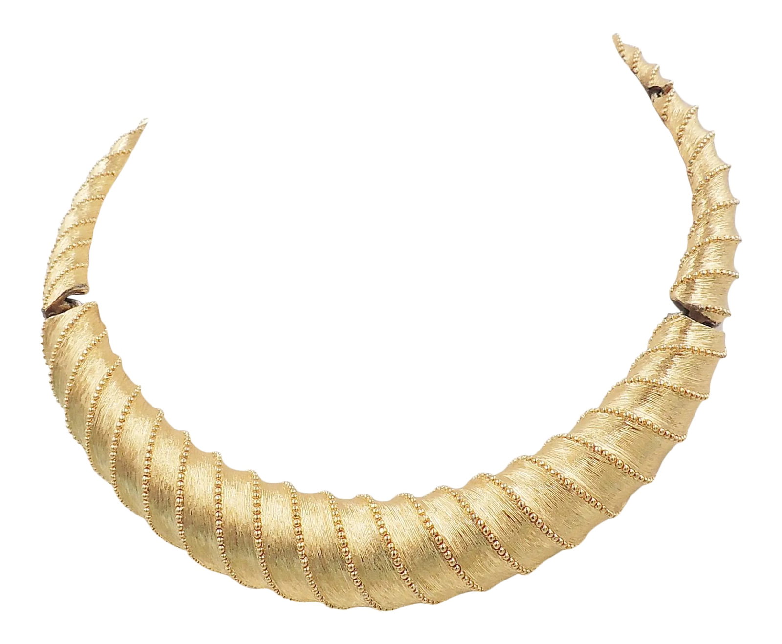 Vintage 1960s Signed Monet Goldtone Collar Necklace: 1960s goldtone textured spiral collar necklace with hook clasp. Marked "Monet" on the hangtag and on the back of the necklace. Measures: 6 inches long by 5 1/4 inches wide. Condition: Very good; some