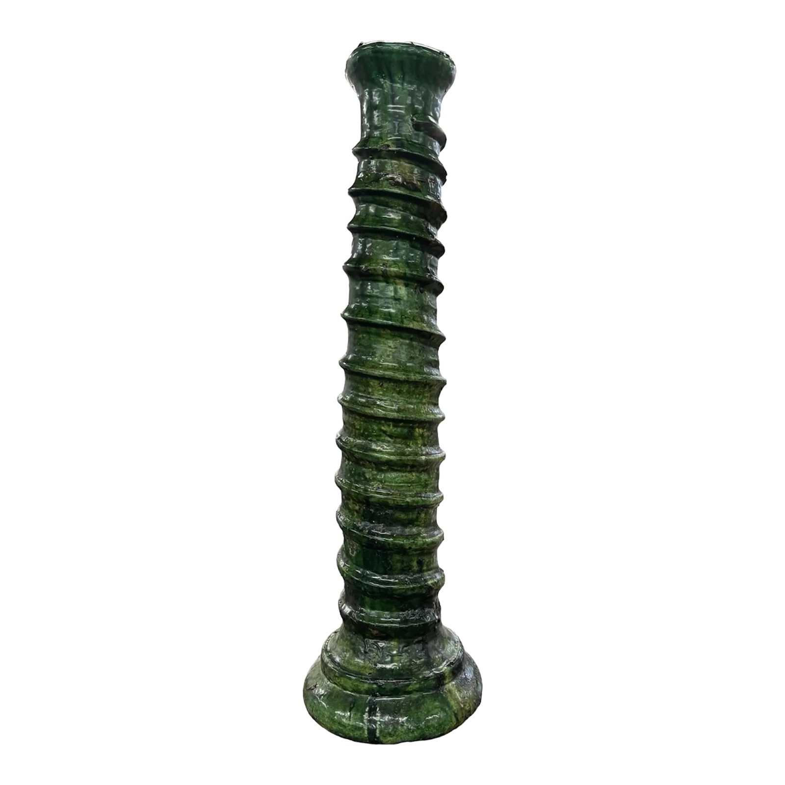 Late 20th Century Moroccan Green Tamegroute Large Abstract Twist Sculpture Candlestick Holder: This Tamegroute large twist candlestick holder/sculpture is a perfect way to decorate your dinner table, living room or indeed any other part of your home in need of an uplift! They are handmade in a