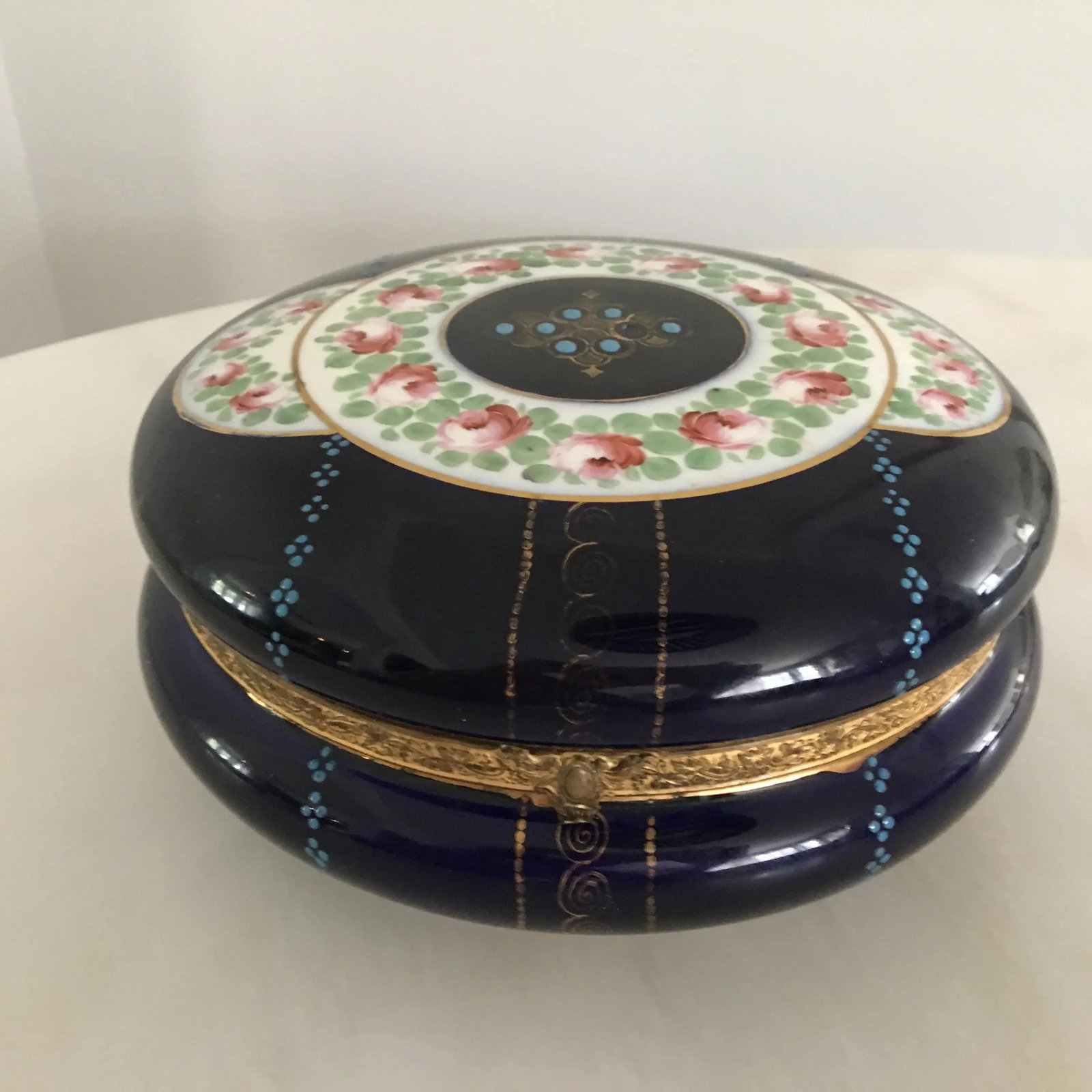Antique Cobalt Blue French Porcelain Dresser Box - 2