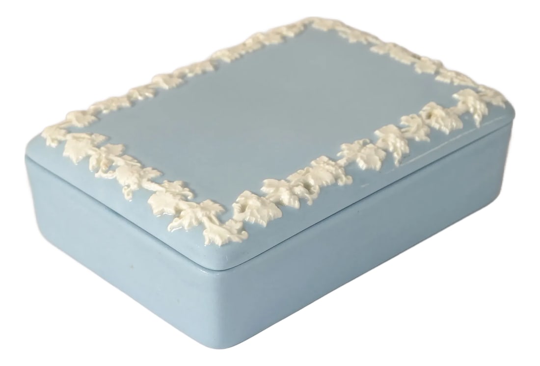 1960s Wedgwood English Jasperware Pale Blue & Antique White Decorative Box Trinket: Vintage rare rectangle Wedgwood Jasperware Embossed Queensware in Light Blue and Antique White Trinket or decorative box. Features a repeating motif in high relief of grapevine all around. Code 11D51