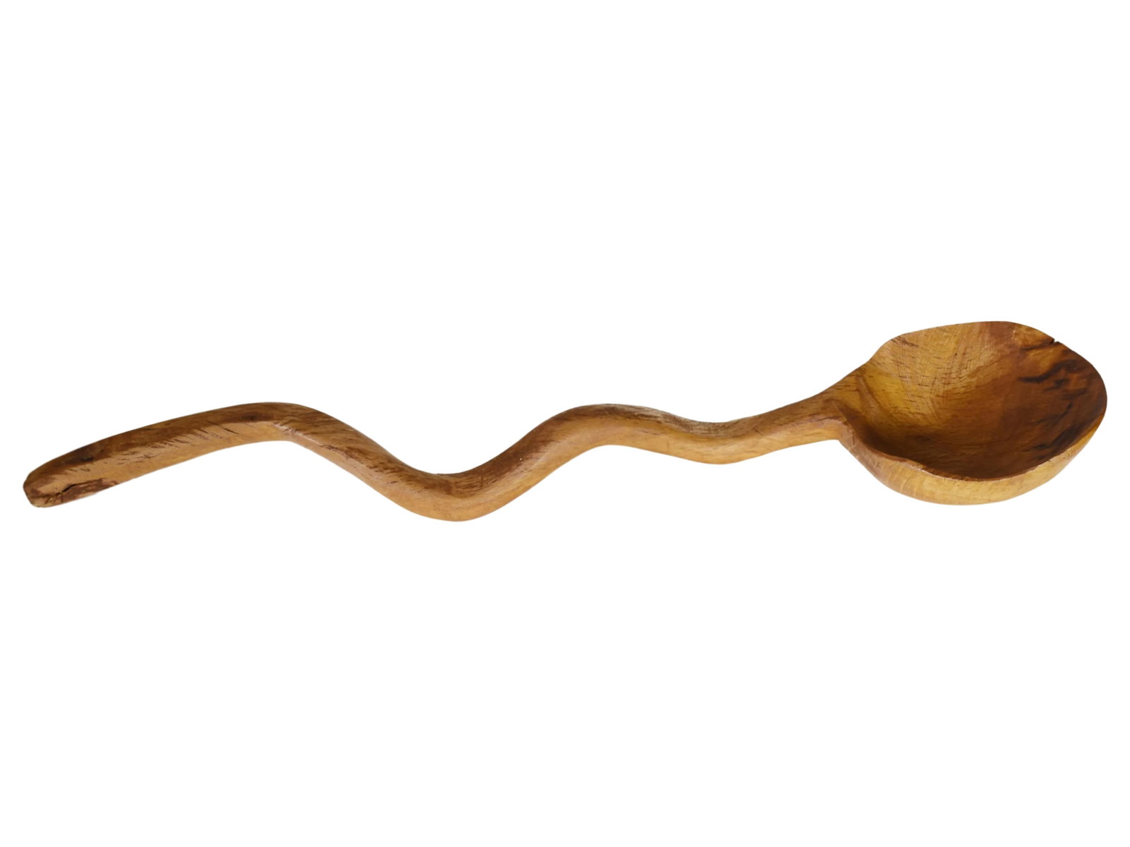 Vintage Large Hand Carved Wavy Curve Irregular Handle Spoon Ladle: Item Details: -It is hand carved from solid wood. -It has long handle and is very solid. -It is a very unique piece for kitchen area -it is in excellent vintage condition (it only has a minor crack