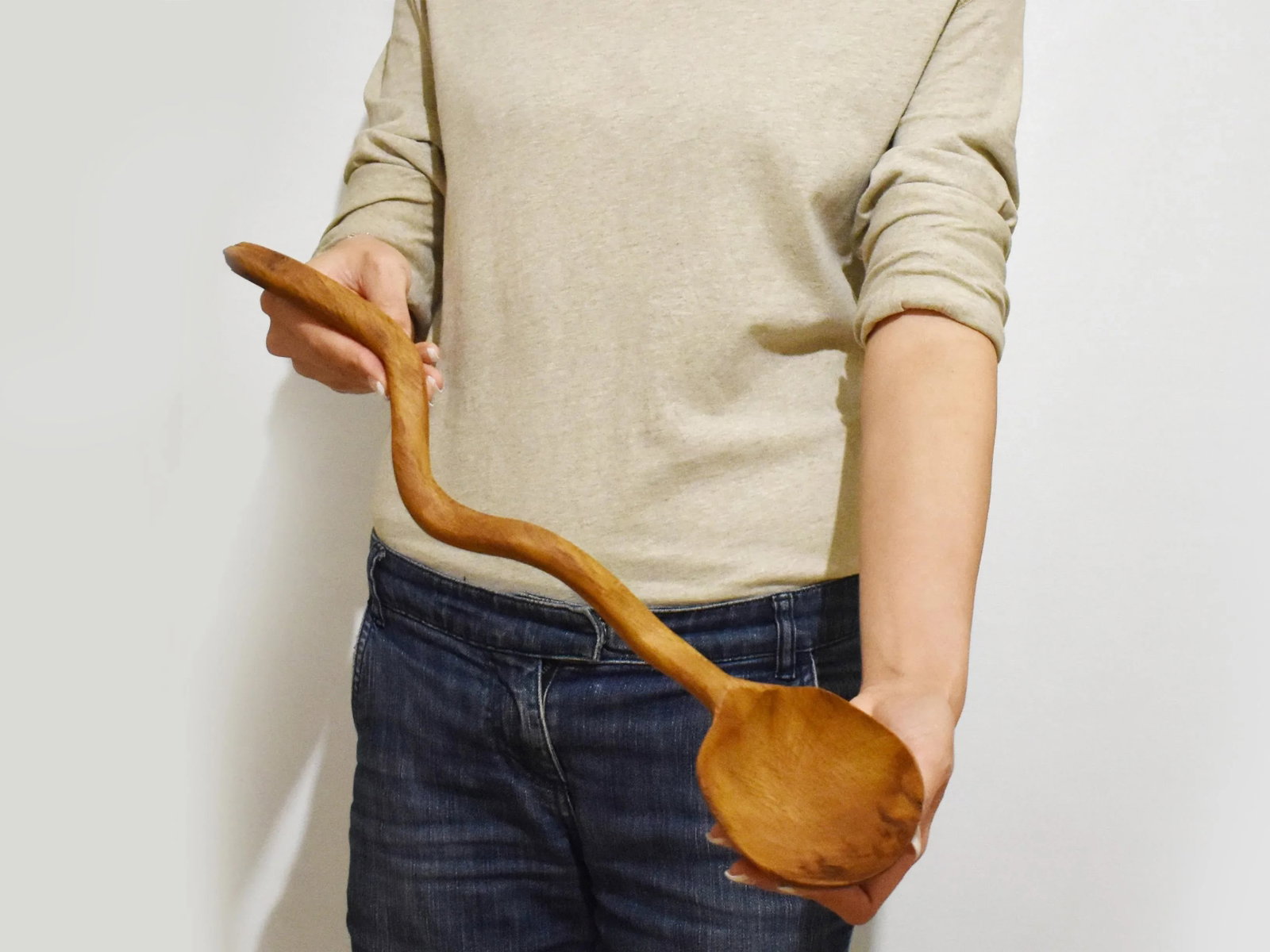 Vintage Large Hand Carved Wavy Curve Irregular Handle Spoon Ladle - 6