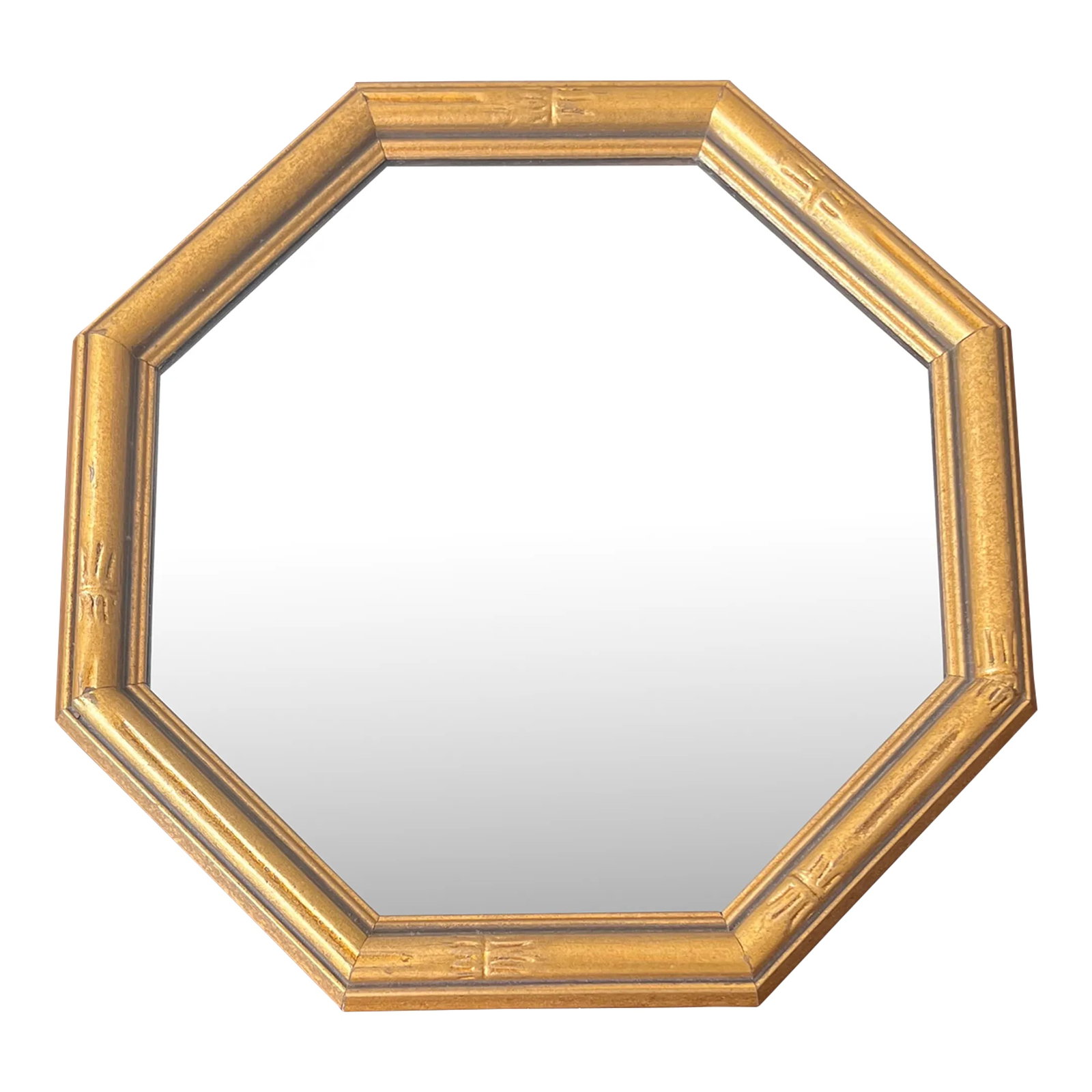 Vintage Gold Bamboo Framed Octagon Shaped Mirror: This vintage octagon shape mirror with its gold bamboo shaped edge is perfect for a small space or part of a gallery wall or otherwise. Bamboo style pieces are always popular and work with a variety