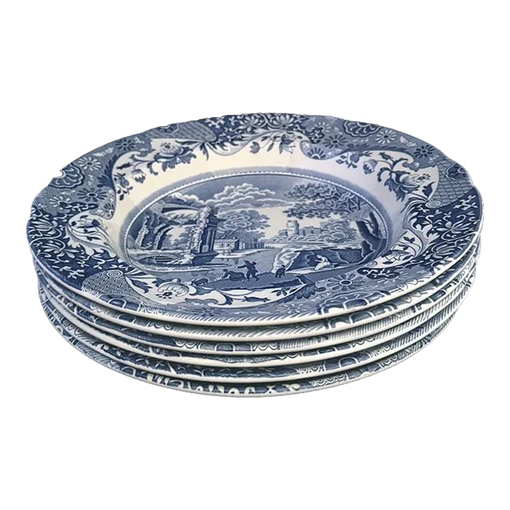 Vintage Spode "Blue Italian" China Bowls- Set of 6: Spode "Blue Italian" is a beautiful, classic pattern launched in 1816. These 9-inch bowls are a perfect additional to your current set or are lovely mixed and matched with other pieces. Featuring a