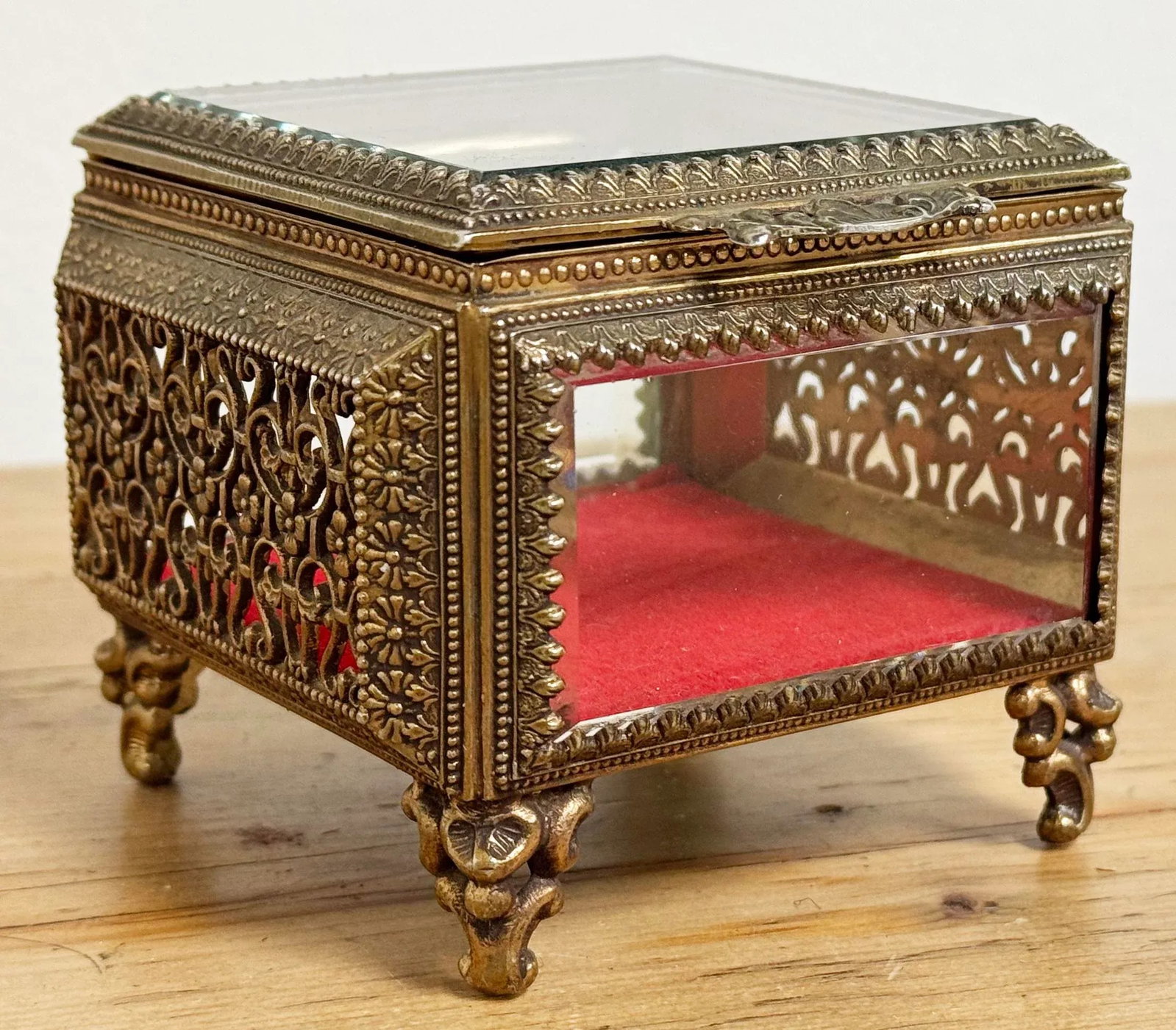 Vintage Ormolu Brass and Beveled Glass Jewelry Casket - 2