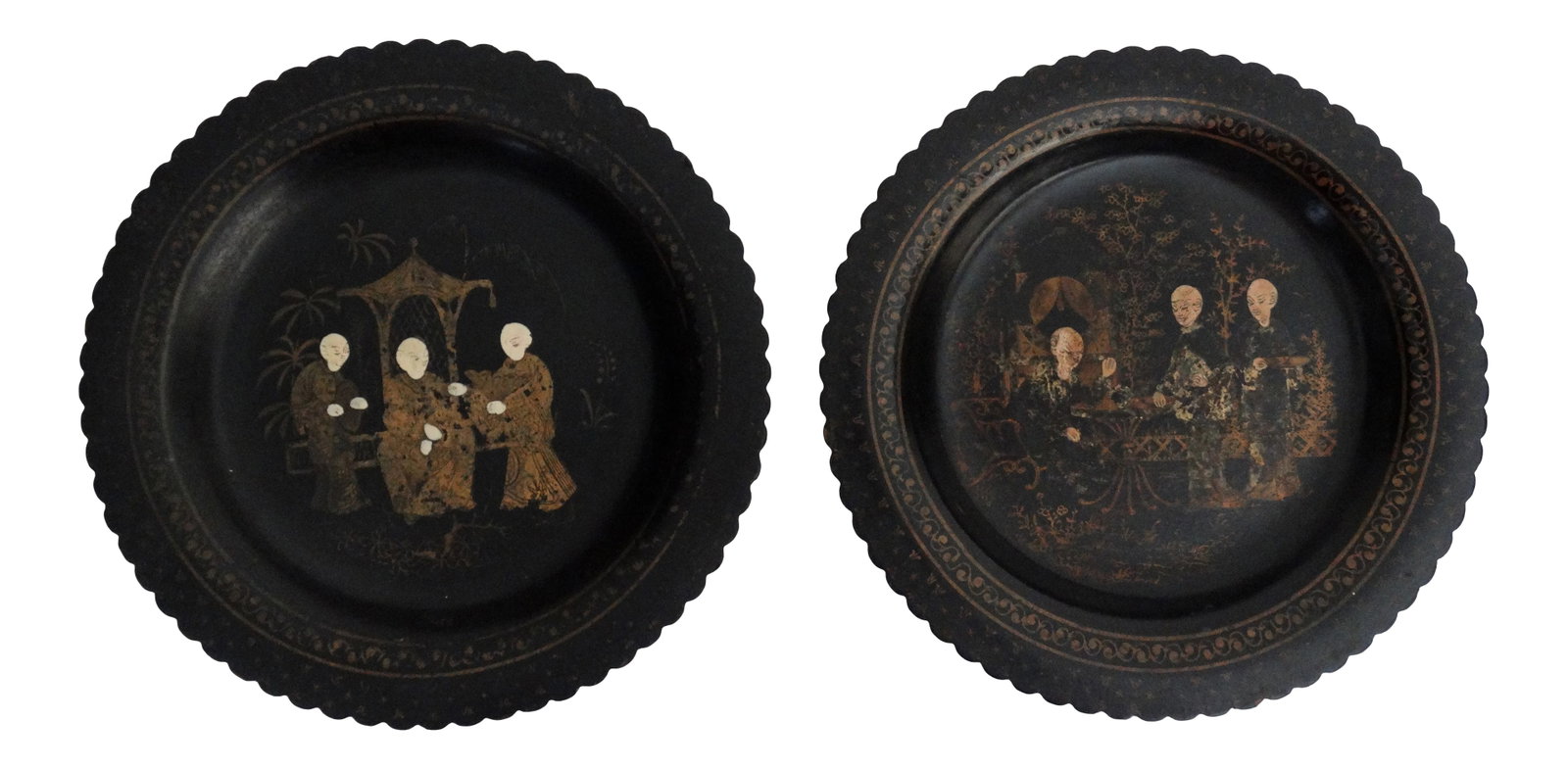 Antique Papier Mache Wine Coasters / Plates, a Pair Hand Painted Gilt: An antique pair of black and hand painted gilt papier mache lacquered wine coasters or game plates. The gilt paintings are scholar figures with a landscape in the background and decorations around