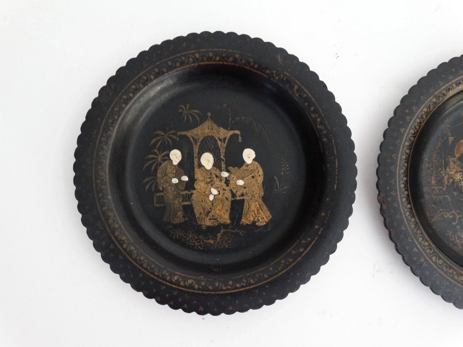 Antique Papier Mache Wine Coasters / Plates, a Pair Hand Painted Gilt - 3