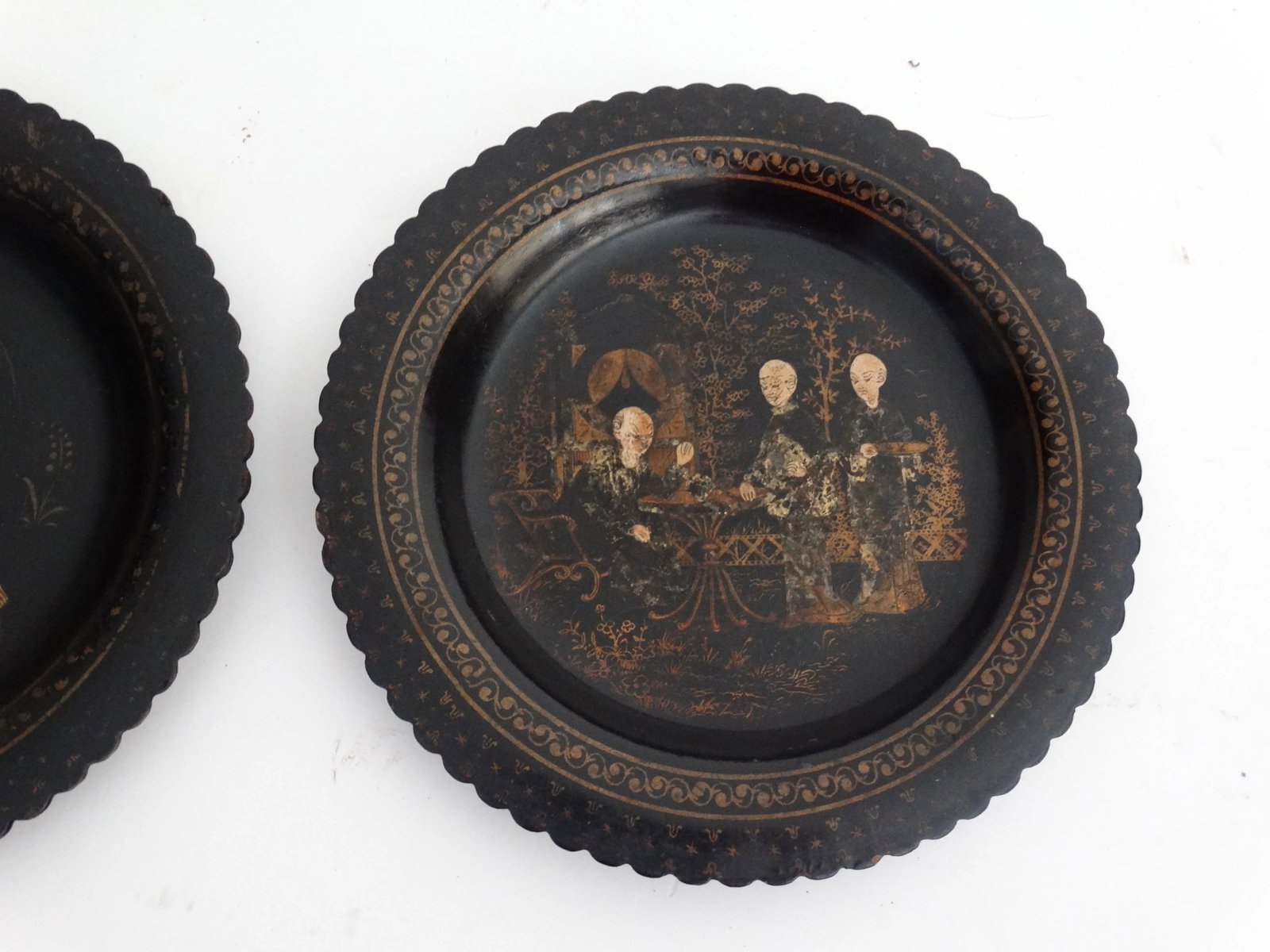 Antique Papier Mache Wine Coasters / Plates, a Pair Hand Painted Gilt - 4