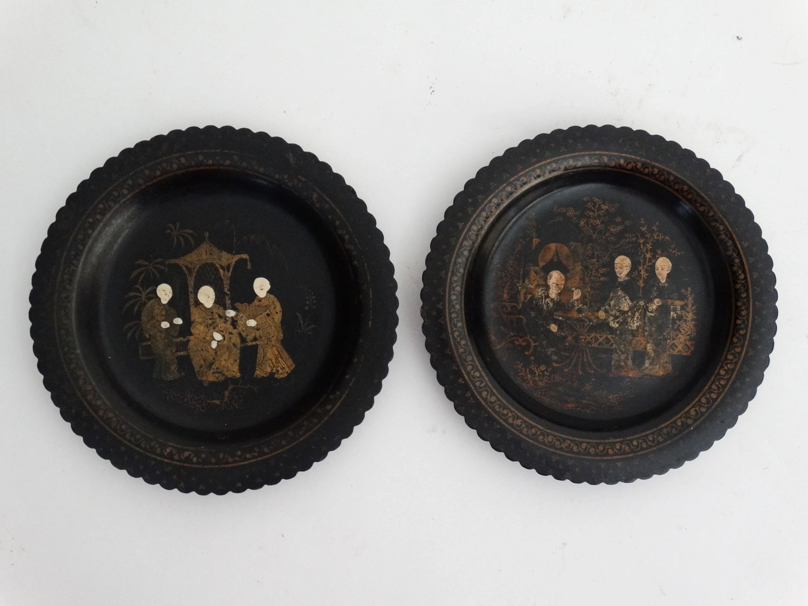 Antique Papier Mache Wine Coasters / Plates, a Pair Hand Painted Gilt - 5