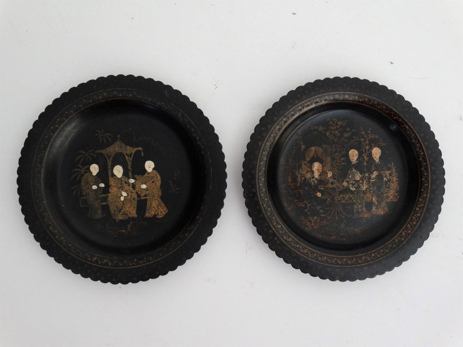 Antique Papier Mache Wine Coasters / Plates, a Pair Hand Painted Gilt - 6