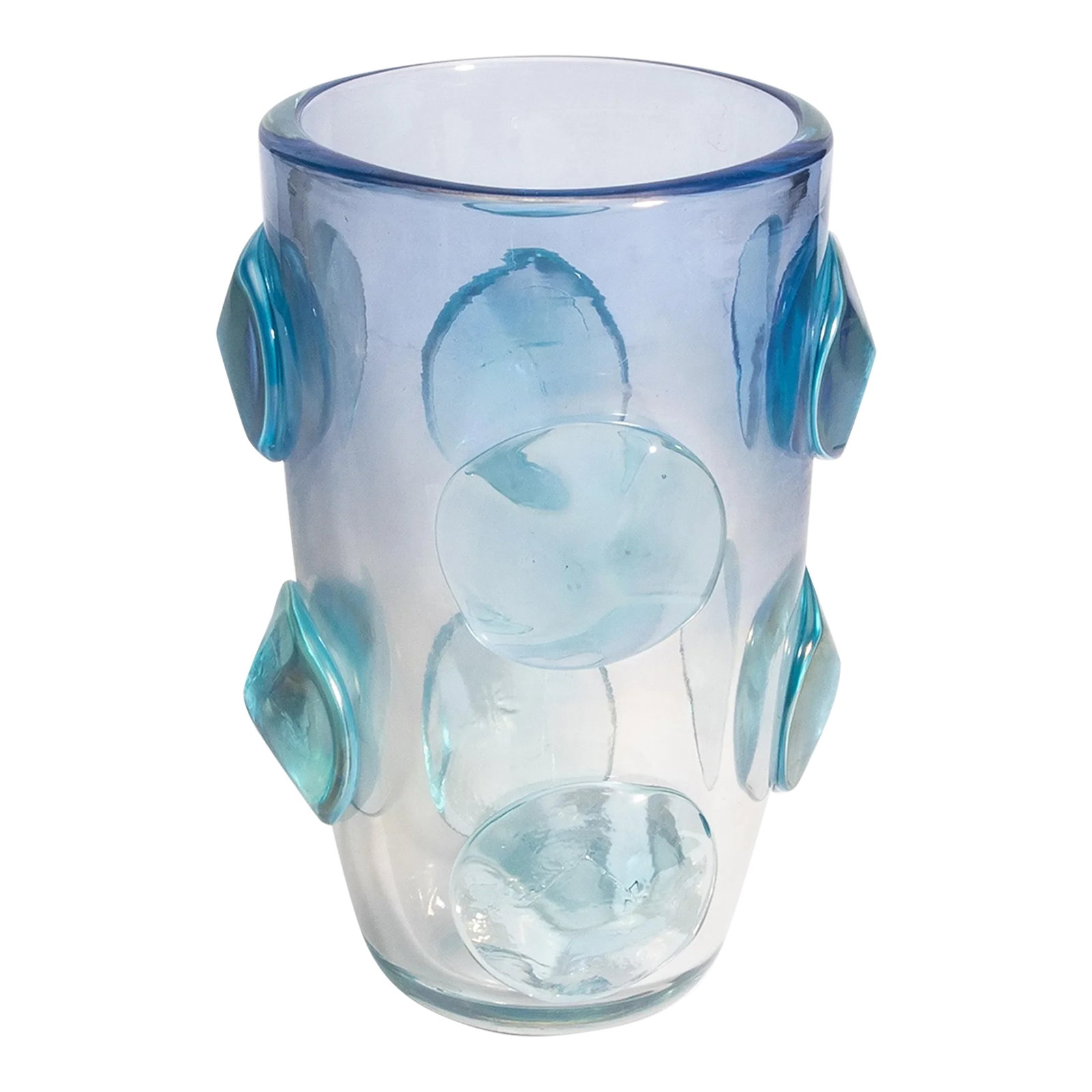 Hand Blown Murano Pois Vase in Light Lagoon Blue: This exquisite piece is a true testament to the timeless elegance and innovative artistry that defines Murano glass. The vase's elegant cylindrical form is elevated by a stunning second layer of