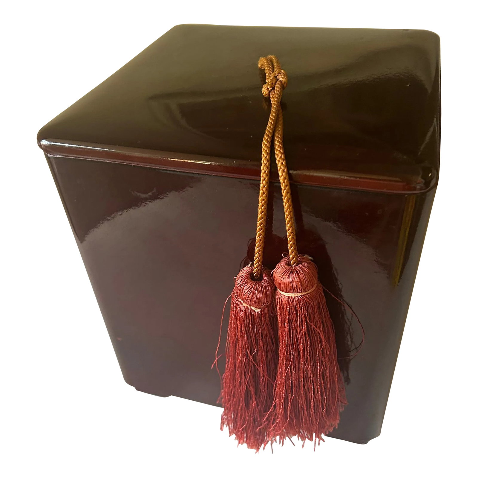 Vintage Chinoiserie Chic Hollywood Regency Resin Ice Bucket: Holidays on ice! This deep burgundy Hollywood Regency ice bucket with lid is the perfect way to keep ice ready to cool your favorite beverages this Holiday Season (and all year round!). Removable whit