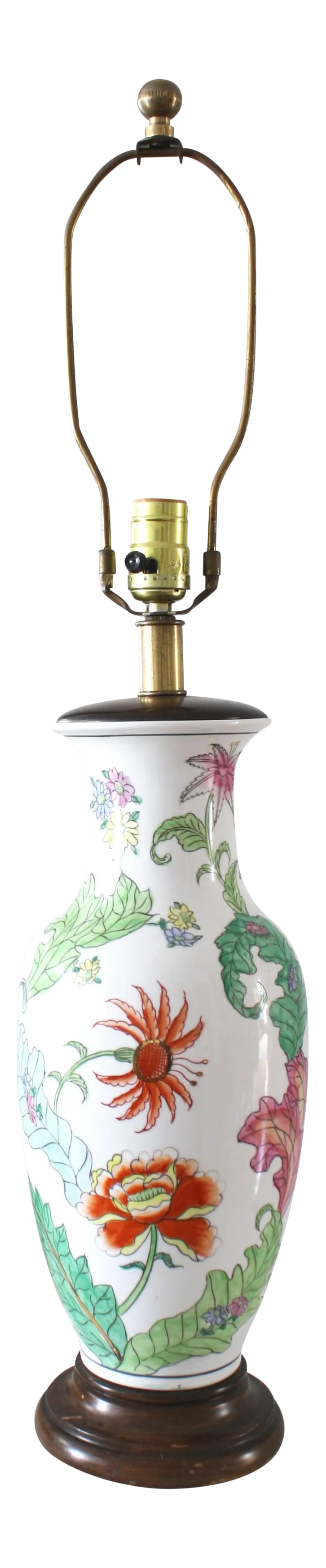 Mid 20th Century Frederick Cooper Regency Gilt Detail Botanical Ginger Lamp: Wow! This table lamp base is a vintage, mid-century stunner! Made by Frederick Cooper, it epitomizes Hollywood Regency style. A vividly colored botanical motif wraps around the ceramic, vase-style bas