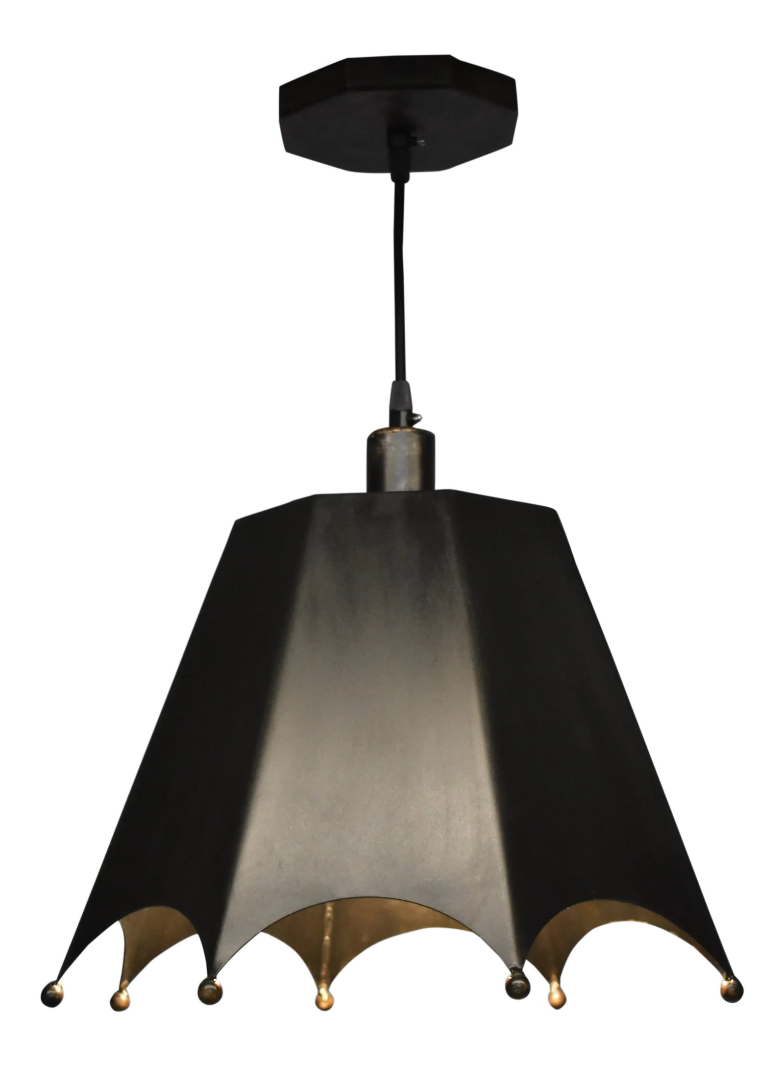 Crown Motif Pendant Light by Douglas Werner for Oblik Studio: Handmade by Douglas Werner for Oblik studio inc in his Brooklyn Workshop. What is there to do with a crown these days ? All steel construction with massive brass balls and custom hexagonal ceiling can