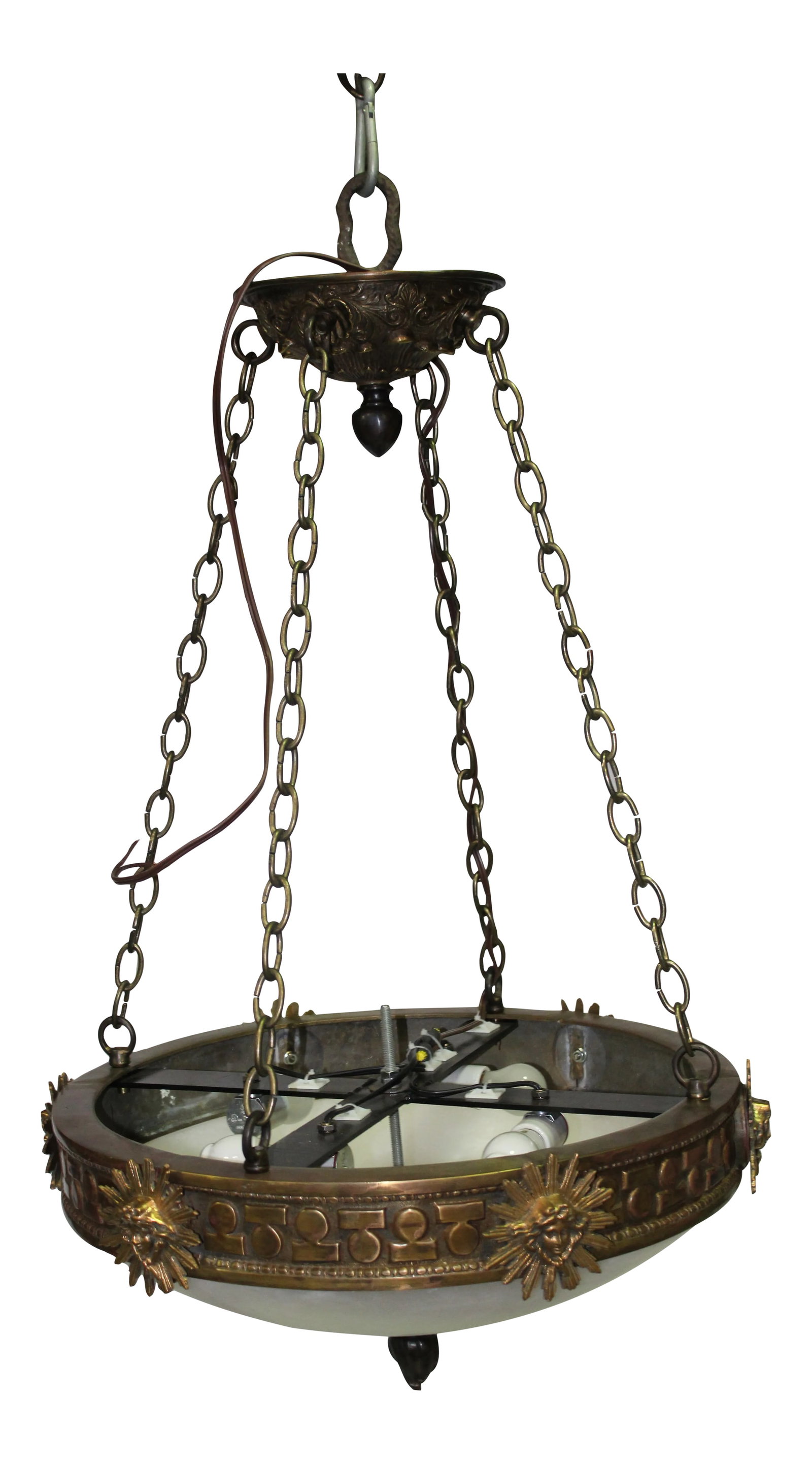 1990s English/Empire Bronze and Alabaster Chandelier: Great looking chandelier, made of brass with bronze finish and alabaster shade. Has Lady face sun burst appliques. Maybe English or French with a bit of Empire with it. Heavy. Came from Vintage