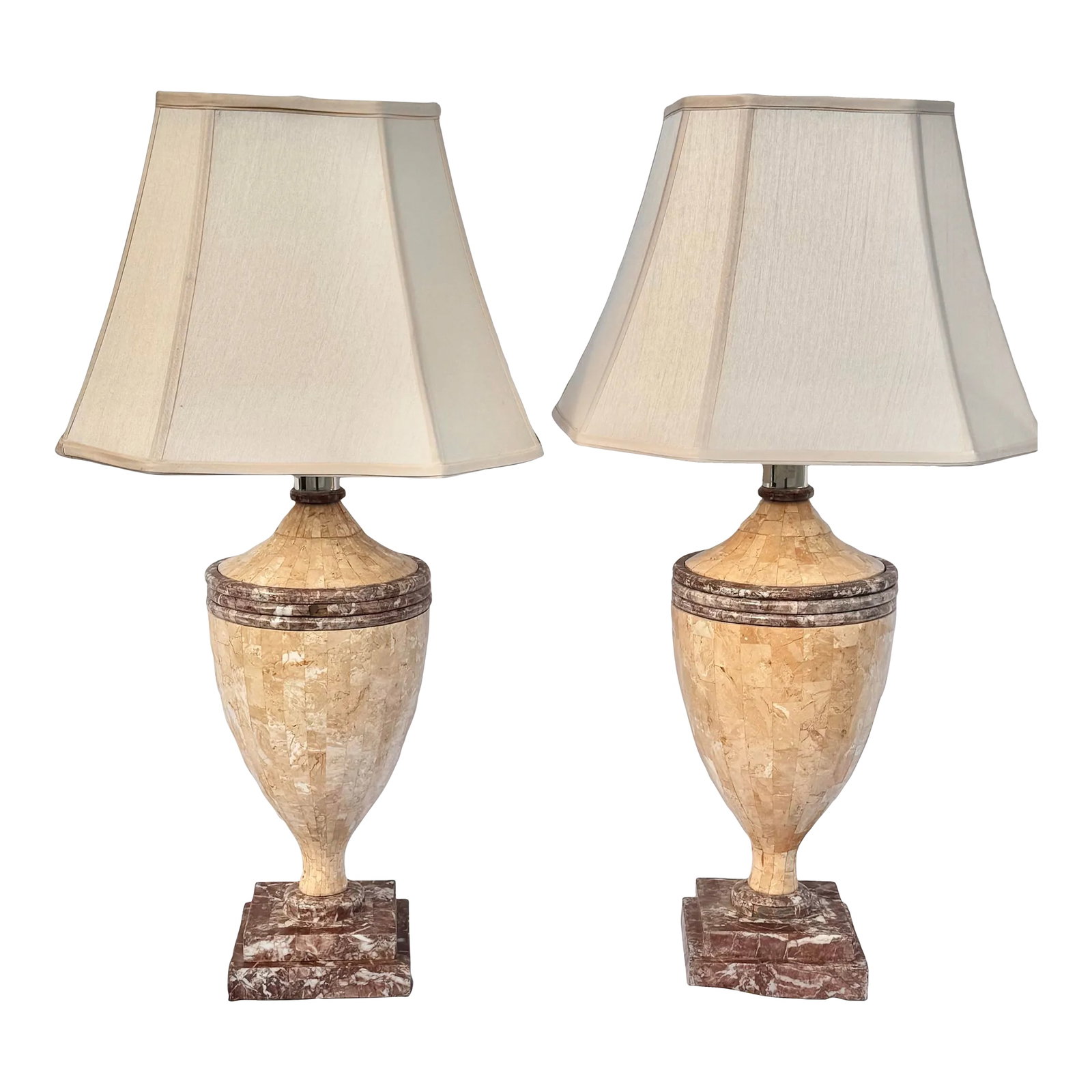 Pair of Vintage Pink Marble Tesselated Table Lamps - Attributed to Maitland-Smith (Some Wear) (1 of 12)