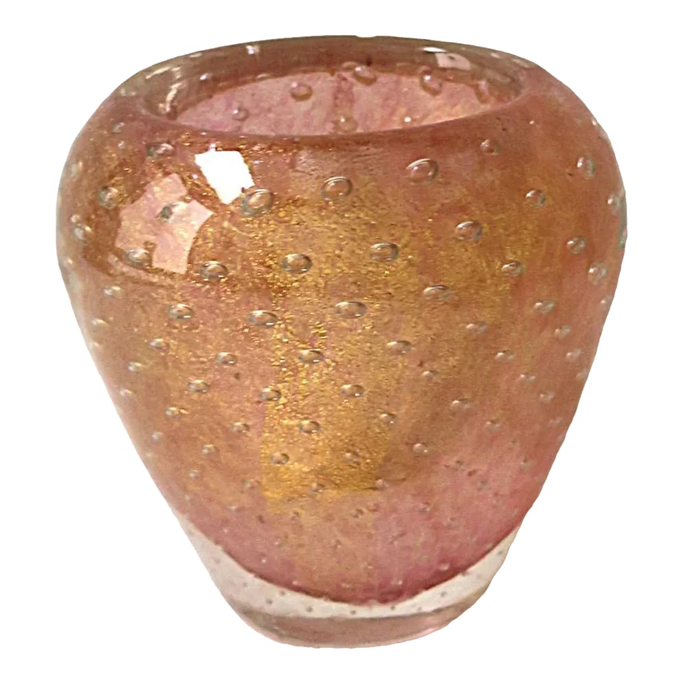 Pink and Gold Modern Italian Murano Barovier Toso Art Glass Vase: Attributed to Barovier e Toso, this beautiful, small and substantial Modern Italian Murano art glass vase with a controlled bubble design and a pink 'Ombre' coloring with shimmering gold, in the Moder