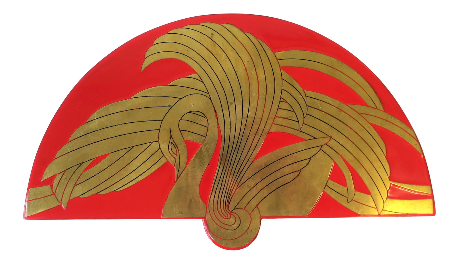 Red Lacquer Box With Brass Swan Bird Design, Circa 1970s: A very beautiful lacquer or high-gloss red box with an inlayed elaborate brass swan bird design, circa 1970s. A chic decorative box. Box can hold jewelry (as demonstrated) or other small items on a de