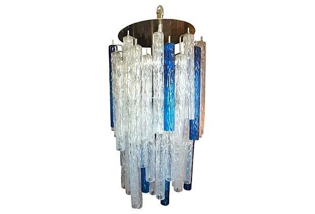 Mid - Century Murano Glass Cobalt Blue and Transparent Handblown Multi - Tier Tronchi Chandelier - 2