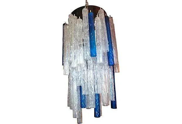 Mid - Century Murano Glass Cobalt Blue and Transparent Handblown Multi - Tier Tronchi Chandelier - 3
