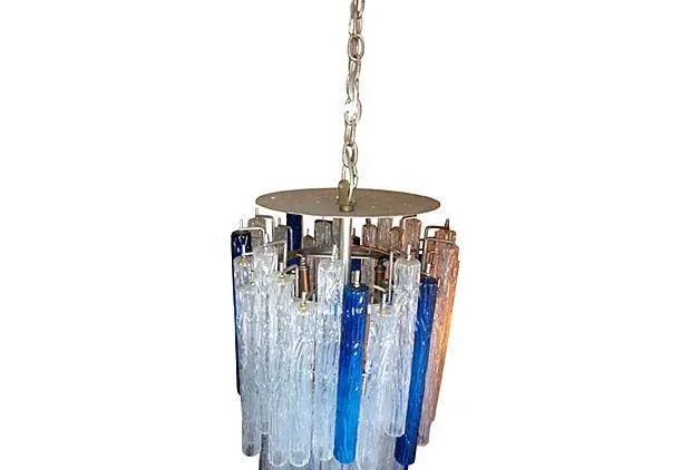Mid - Century Murano Glass Cobalt Blue and Transparent Handblown Multi - Tier Tronchi Chandelier - 4