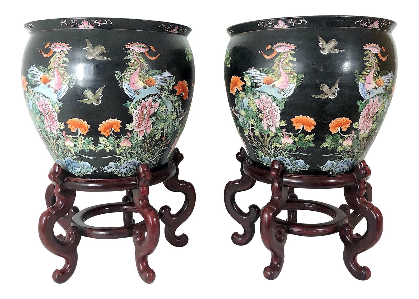 Antique Nyonya Straits Chinese Porcelain Planters, Jardinieres, Famille Noire Black With Goldfish &: A rare pair of old Chinese Famille Noire Nyonya ceramic planters. These magnificent hand painted planters have a wrap around hand painted scene in vibrant & colourful raised enamel work. Such