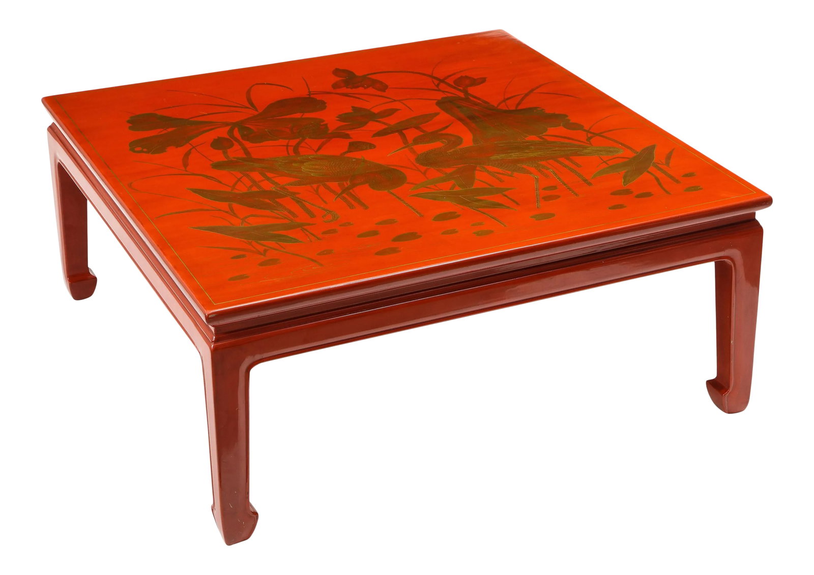 Red Lacquer and Gilt Chinoiserie Square Coffee Table: The square top decorated in gold with cranes in a river setting amongst lotus blossoms and other water flora and fauna; raise on square tapering legs with incurved block feet. Note the red is an