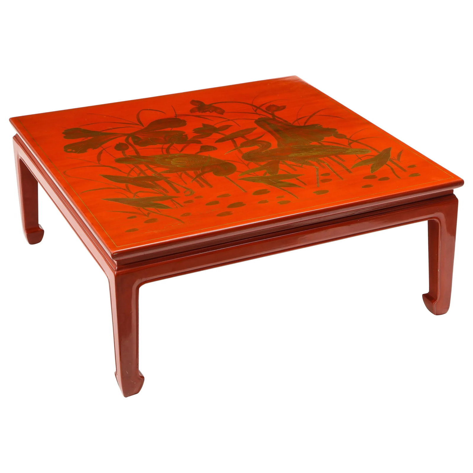Red Lacquer and Gilt Chinoiserie Square Coffee Table - 8