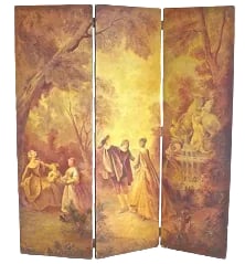 Antique 19th C. French Hand-Painted Screen: Antique; 19th century, French, three-panel, canvas screen with an oil painting depicting an 18th-century garden scene. Each panel encompasses a major part of the overall scene. The scene depicts men