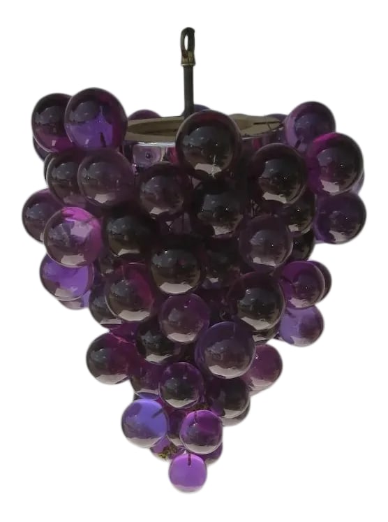 Vintage Mid-Century Acrylic Cluster Grape Chandelier: Terrific and large Acrylic Grape Cluster Chandelier. Comprised of many acrylic grapes in purple with ceiling cap. Very heavy and unusually large size. Dimensions: 17" H x 14" W L.915 Container.A