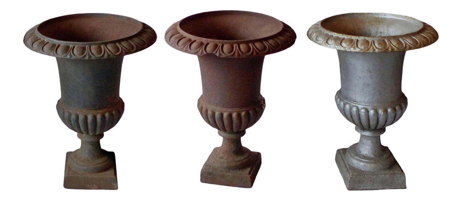 Garden Urns Campagna Form - Set of Three: Set of three antique, early 20th century cast iron Campagna form garden urns. Egg and dart motif on the rims and melon form bowl. Brown urn has a chip on the rim. Age appropriate wear. Somewhat