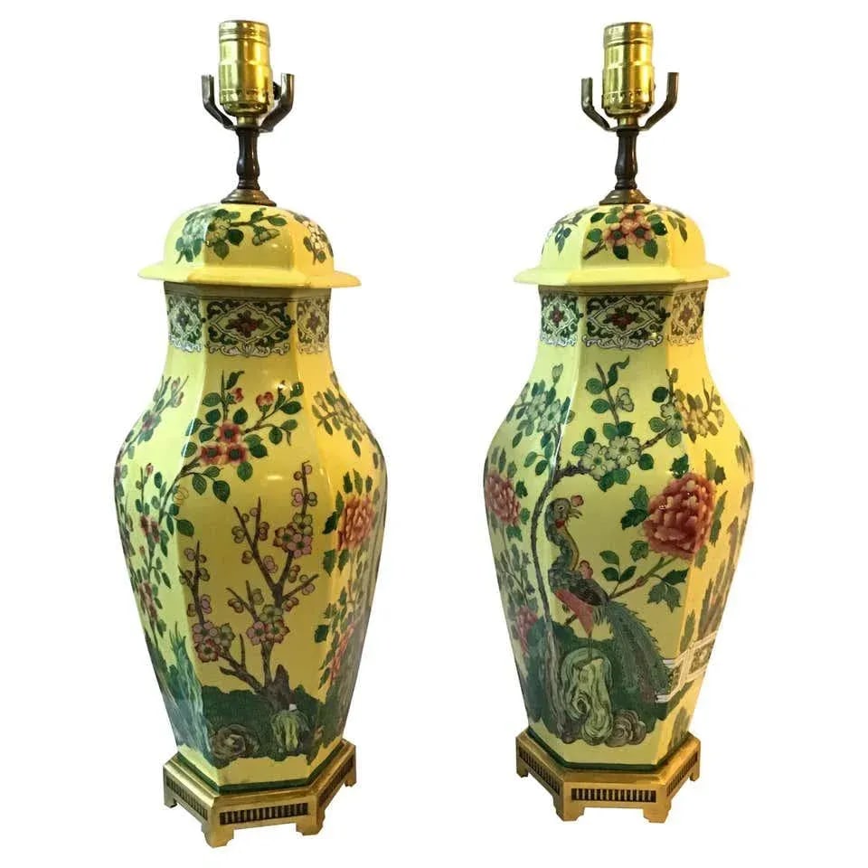 1960s Hand Painted Ceramic Peacock Table Lamps On Brass Bases - A Pair - 10