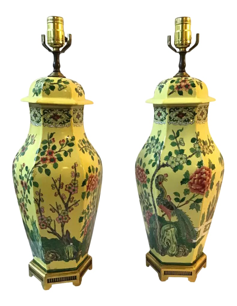 1960s Hand Painted Ceramic Peacock Table Lamps On Brass Bases - A Pair: Pair of 1960s hand painted ceramic peacock table lamps on brass bases. Condition: Alterations: Unknown Imperfections: Some Imperfections Condition Notes: Good condition. Wear consistent with age and