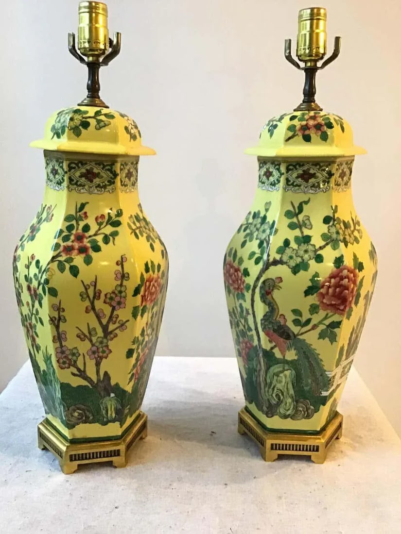 1960s Hand Painted Ceramic Peacock Table Lamps On Brass Bases - A Pair - 2