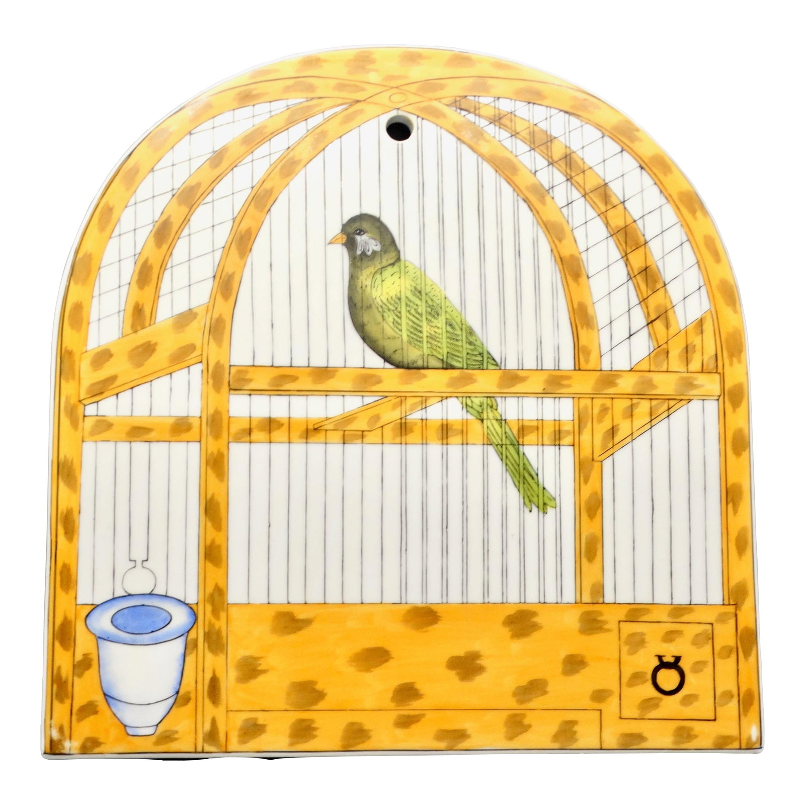 Trompe l'Oeil Delft Polychrome Tile Hanging Birdcage Wall Plaque: Vintage trompe L'oeil polychrome Delft birdcage plaque. This lovely hanging birdcage panel is handcrafted and hand painted. The trompe l'oeil design depicts a bird in a birdcage, painted in a pretty