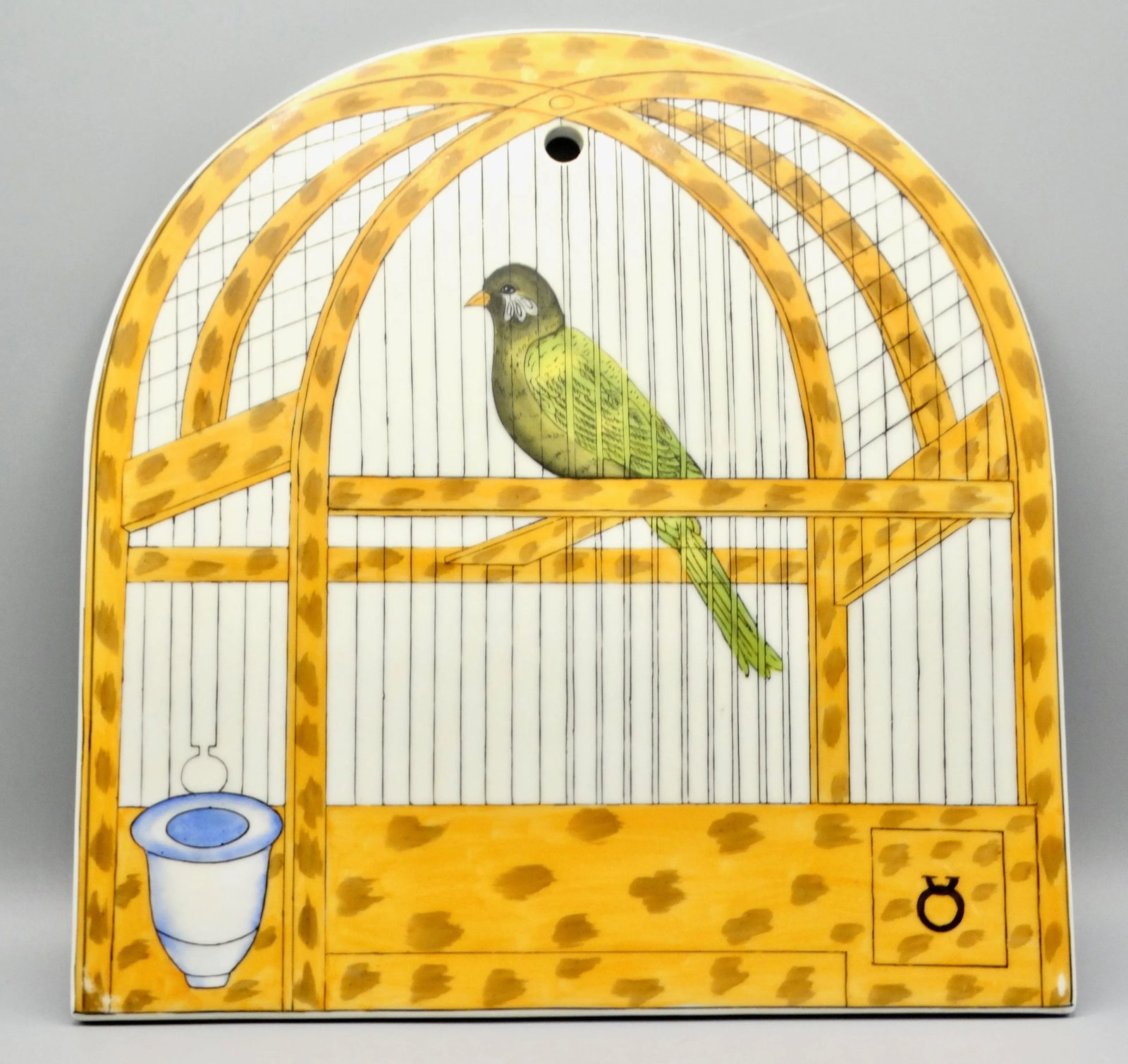 Trompe l'Oeil Delft Polychrome Tile Hanging Birdcage Wall Plaque - 3