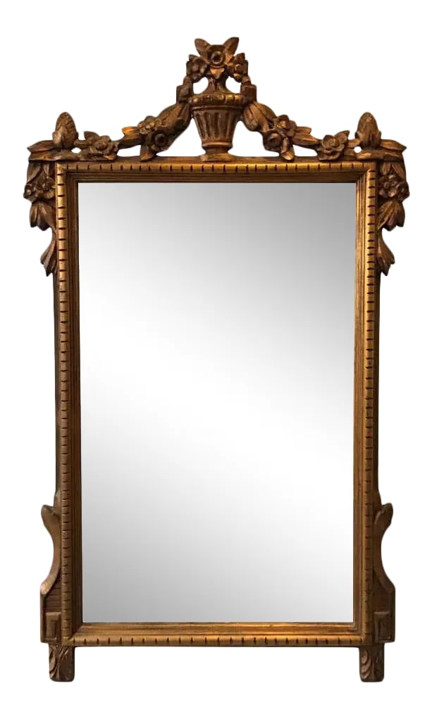 1940s Carved Wood French Mirror With Urn On Top: 1940s carved wood French mirror with urn on top. Condition: Alterations: Unknown Imperfections: Some Imperfections Condition Notes: Good condition. Wear consistent with age and use. some distress in m