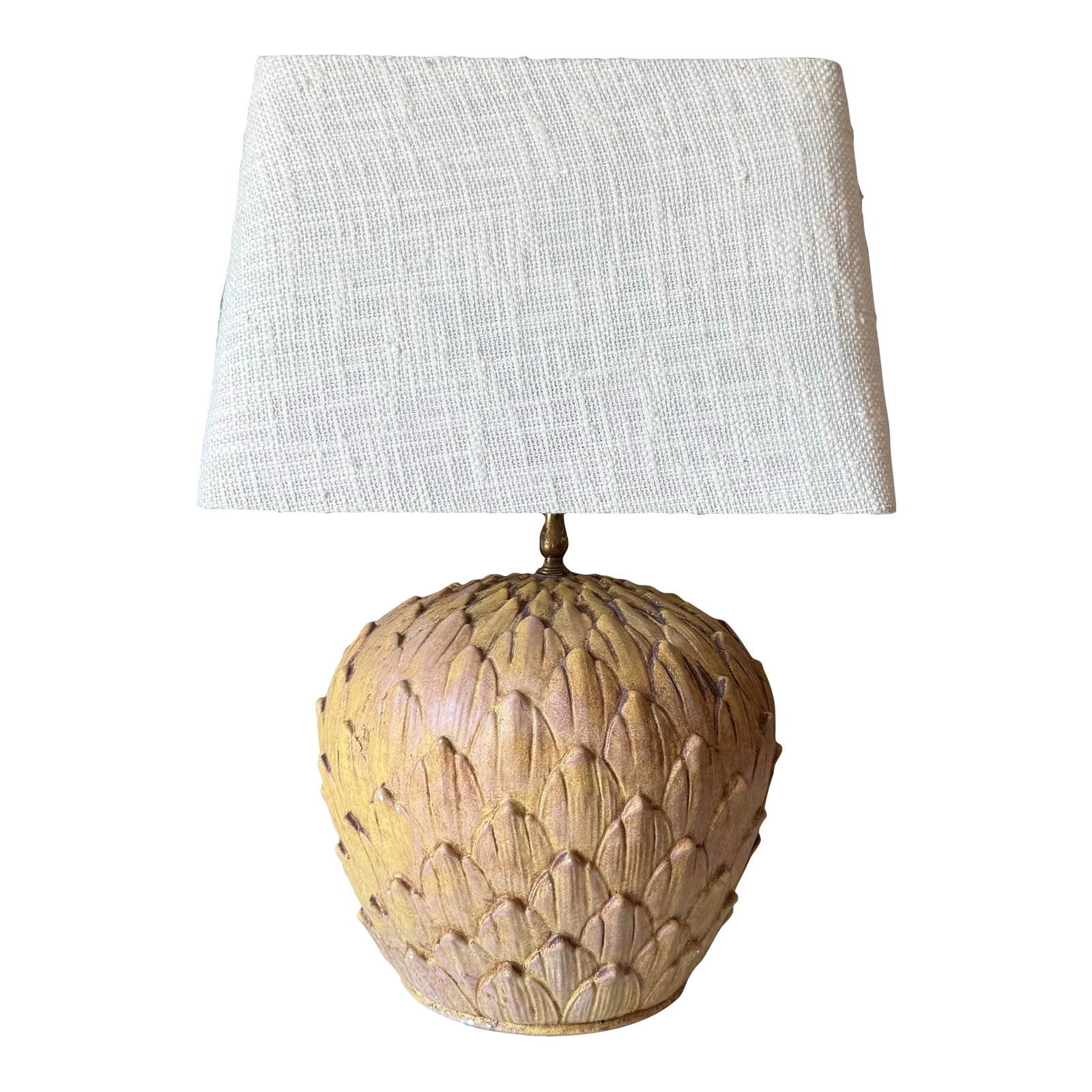 1960s Italian Ceramic Artichoke Table Lamp: Vintage Italian ceramic artichoke table lamp paired with a cream boucle linen type tapered rectangle shade. Condition: Alterations: Restored Imperfections: Some Imperfections Condition Notes: The