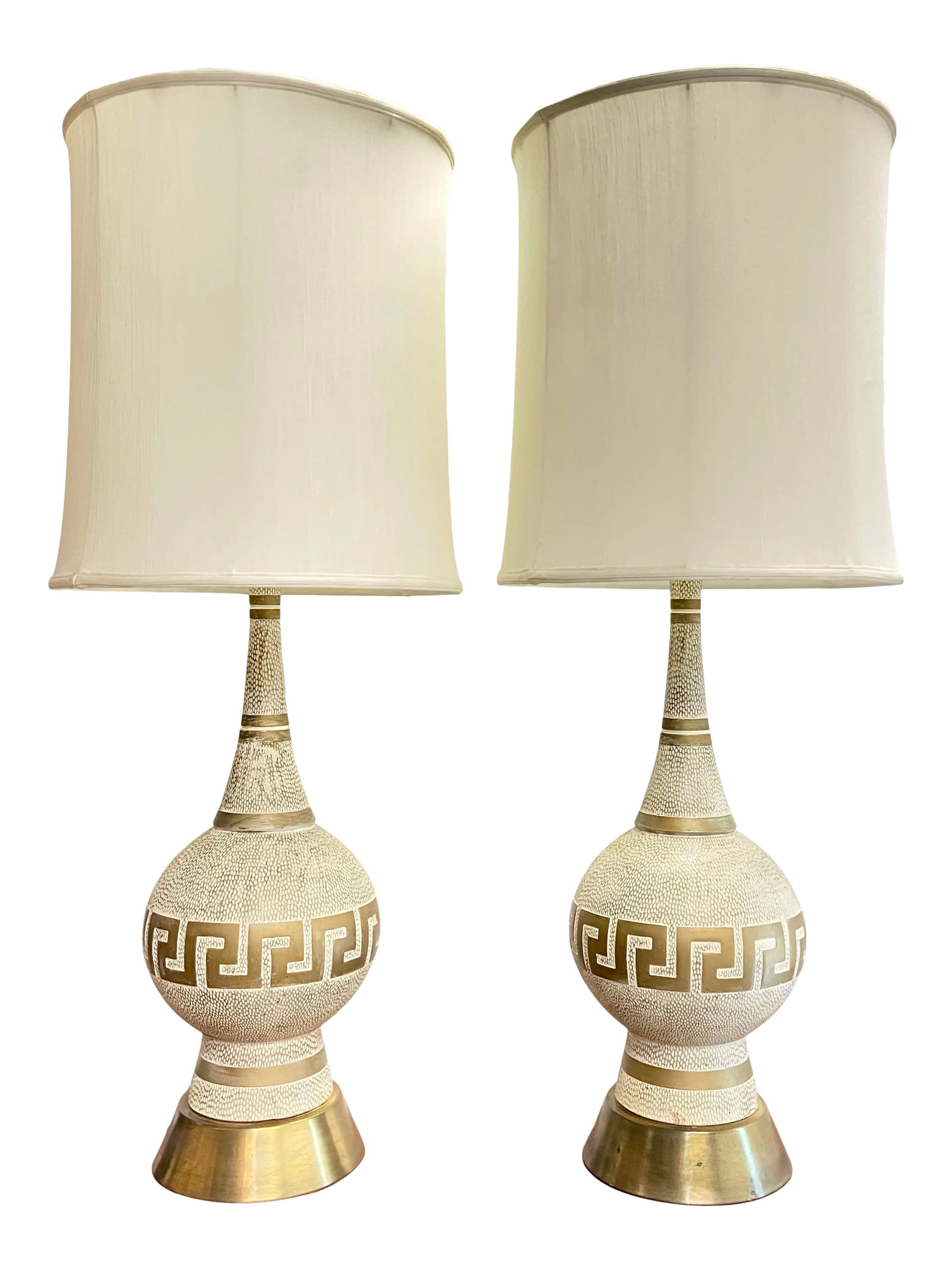 Hollywood Regency Greek Key Ceramic Table Lamps Circa 1960s- a Pair: Vintage pair of oversized table lamps (shades not included). Features textured base with Greek key motif on ceramic with brass base. Condition: Alterations: Original Condition Unaltered