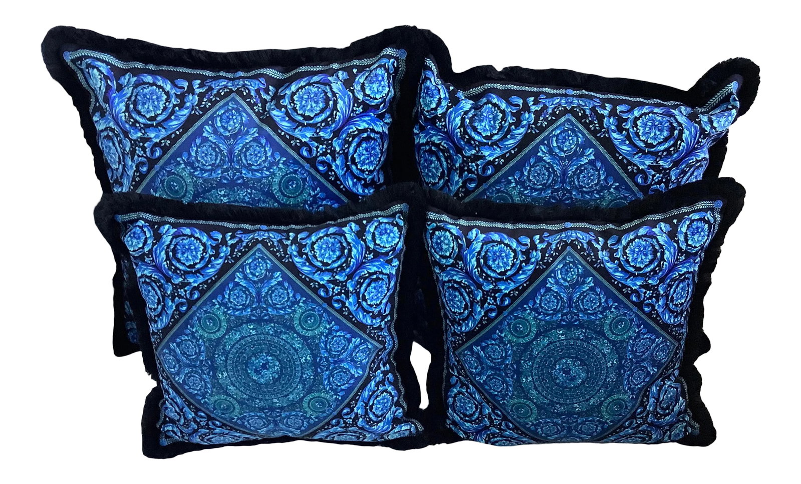 Custom Atelier Versace Blue Pillows - Set of 4: Set of 4 atelier Versace velvet pillows black blue baroque 2 pillows are 18"18" size 2 pillows are 26"26" pillows are 1990s amazing vivid colors unique pillows include insertsthis pillow are custom