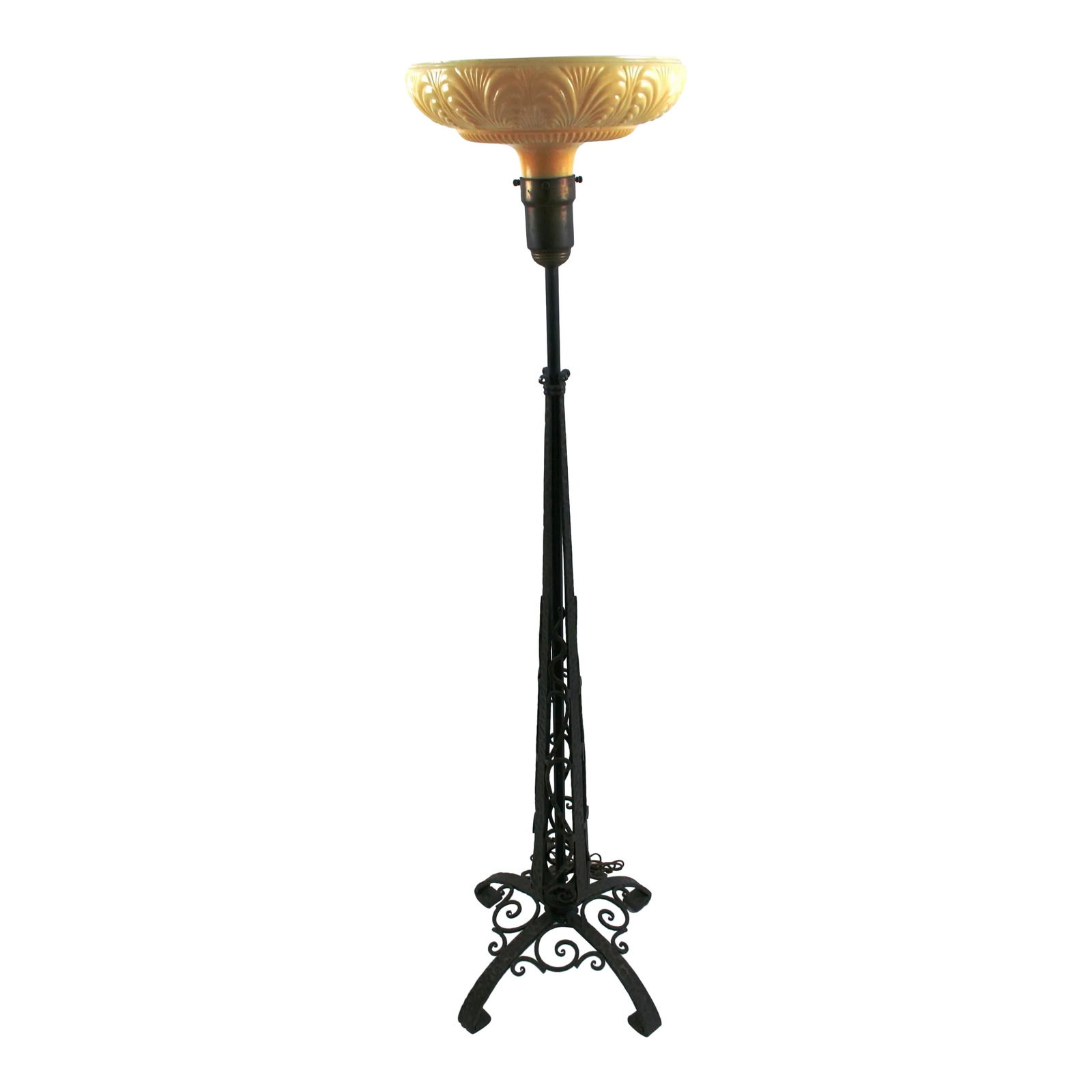 1920s Art Deco Original Iron Forged Floor Lamp: Hand-forged (Original) iron floor lamp from the Art Deco time era. The shade is ( New ) glass in that style. Looks like a style of Paul Kiss. No marks. Ht is 62" with the shad in place. 20" wide. Has