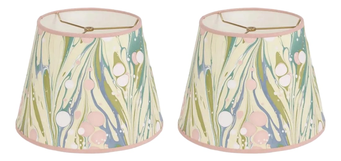 Pair of Marbled Paper Lampshades: Custom marble paper set of lampshades in beautiful colors 9.5" top diameter 14" bottom diameter 10"high Condition: Imperfections: No Imperfections Condition Notes: New lampshades! Origin: United