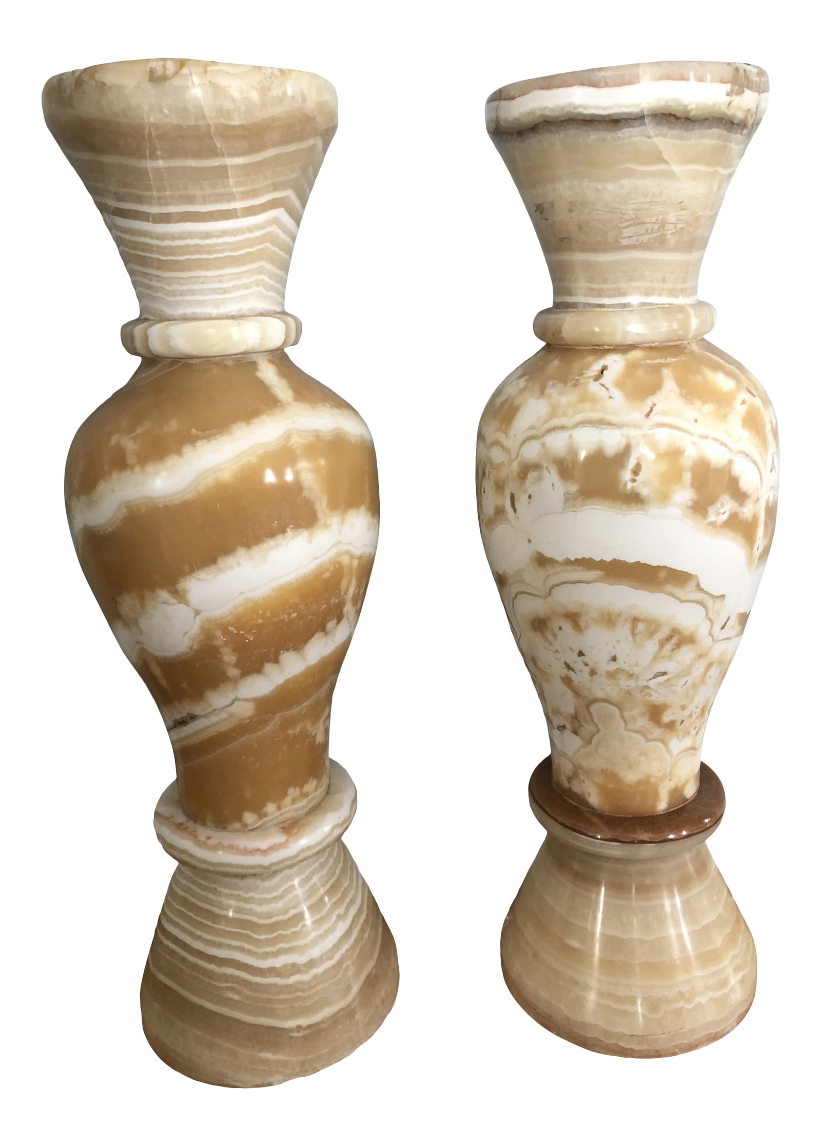 Art Deco Egyptian Alabaster Vase Floor Lamps - a Pair: Monumental floor vase urn lamps made of fine Egyptian alabaster with beautiful natural color variations in swirls of white, sand, and soft caramel. Imported. Wonderful used as lamps or statement vases