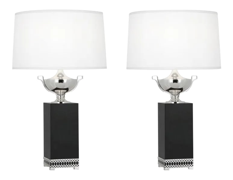 Regency Estate Robert Abbey Williamsburg Tucker Chrome and Ebony Wood Lamps - a Pair (2): This pair of Robert Abbey Tucker Table Lamps are a part of the Williamsburg collection. At over 32" in height, and complemented by a silk shade, these show-stopping lamps are a modern, yet classic lam